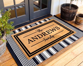 Personalized Modern Family Name Doormat, Custom Last Name Coir Welcome Mat,  Front Door Decor