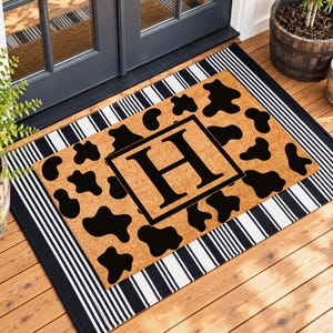 Personalized Cow Print Monogram Doormat, Custom Initial Welcome Mat, Western Porch Decor, Housewarming Gift