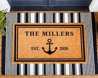 Personalized Anchor Doormat, Custom Family Name Nautical Welcome Mat, Beach House Coir Mat
