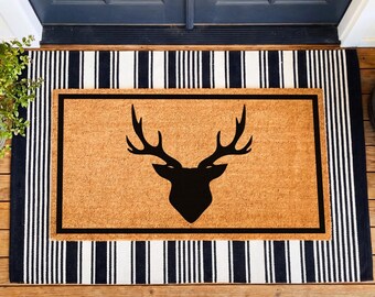 Deer Doormat, Buck Antler Silhouette Coir Welcome Mat, Rustic Cabin Front Door Mat