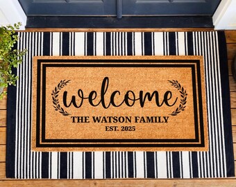 Custom Family Name Welcome Mat, Personalized LastName Rustic Door Mat, Housewarming Gift