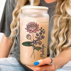 Personalized Birth Flower Glass Cup with Name , Custom Iced Coffee Tumbler , Bridesmaid Gift , Birthday Gift for Her , Bridesmaid Proposal