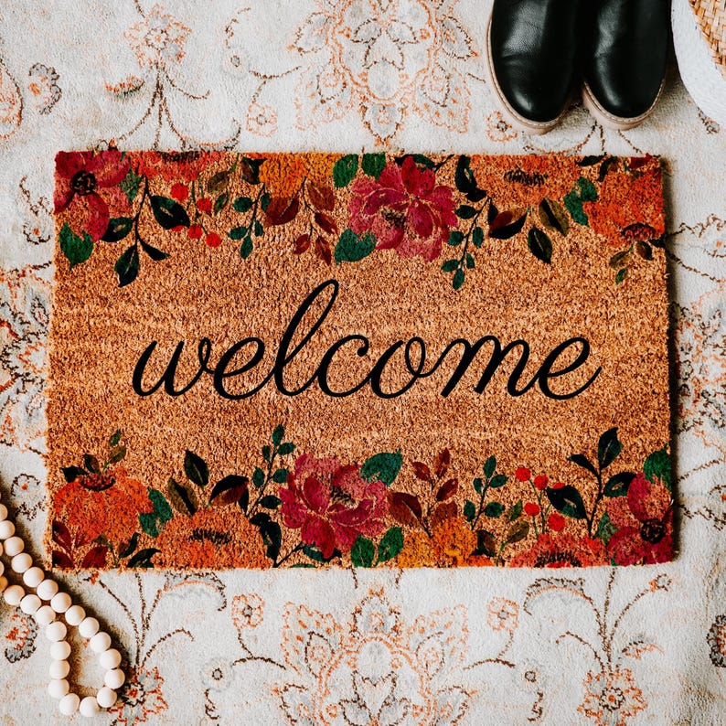 Spring floral welcome mat coir doormat for front door colorful flower design cute porch decor thoughtful housewarming gift spring front door decor