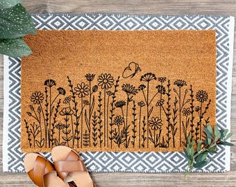 Spring Wildflower Doormat, Floral Front Door Mat, Housewarming Gift,Coir Doormat Flowers