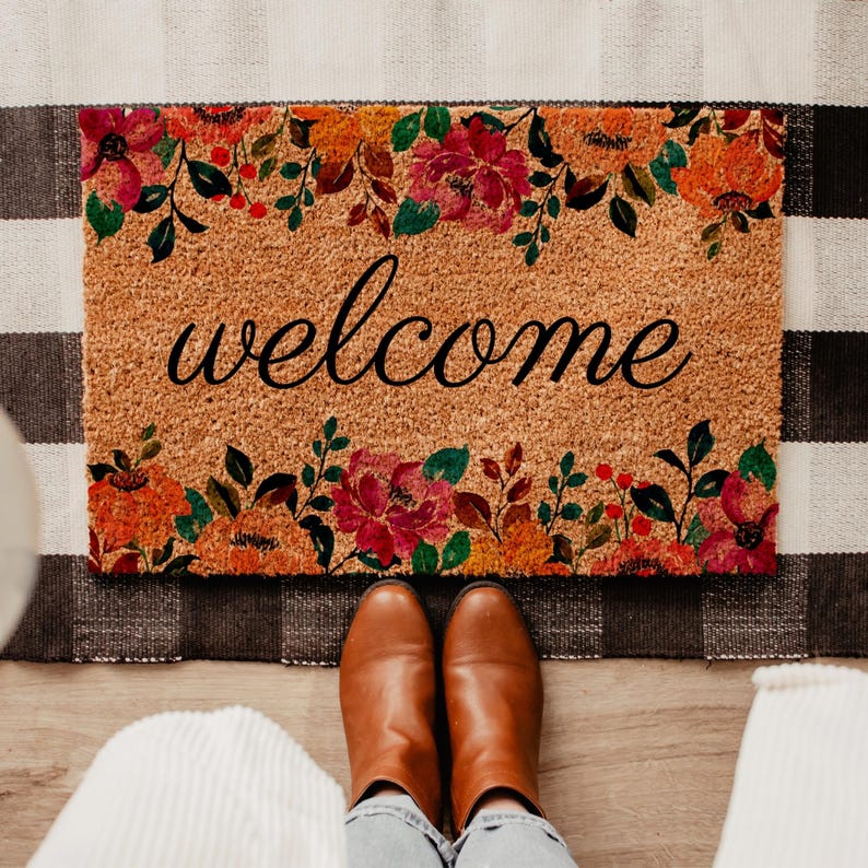 Floral welcome doormat spring front door mat cute coir doormat with floral design cheerful front porch decor thoughtful housewarming gift spring entry decor front door decor