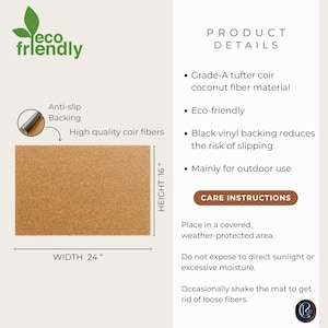 May include: Rectangular doormat made of coir fibers, 24 inches wide and 16 inches high. The mat has an anti-slip backing and is labeled "eco friendly". The product details include "Grade-A tufter coir coconut fiber material".