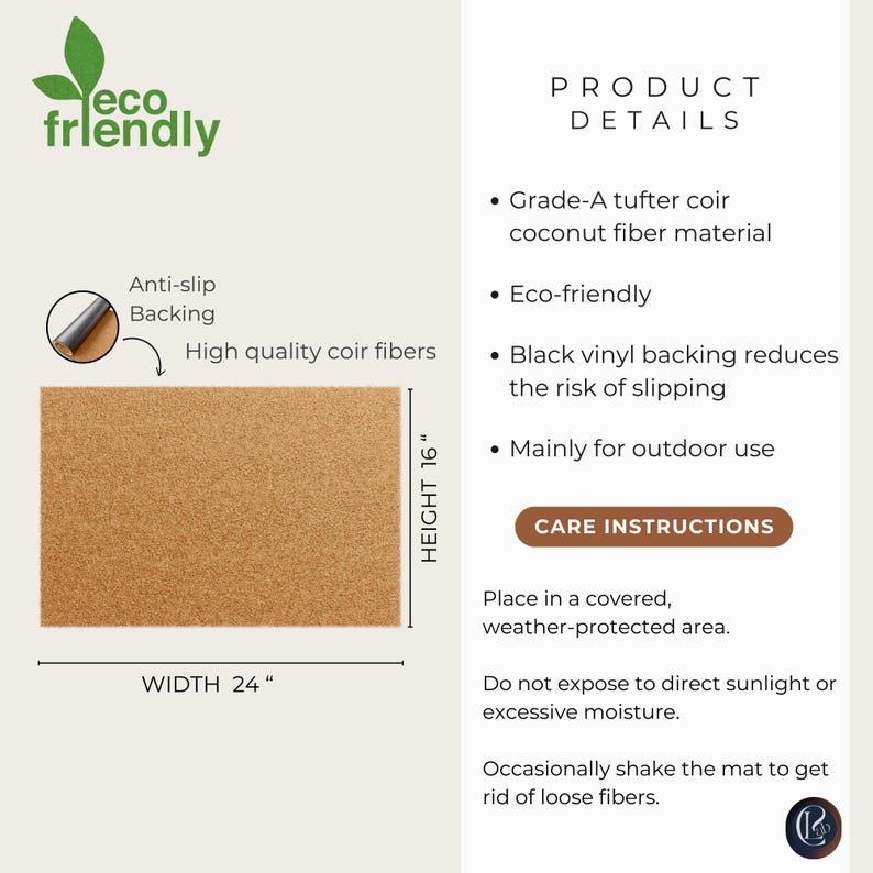 May include: Rectangular doormat made of coir fibers, 24 inches wide and 16 inches high. The mat has an anti-slip backing and is labeled "eco friendly". The product details include "Grade-A tufter coir coconut fiber material".