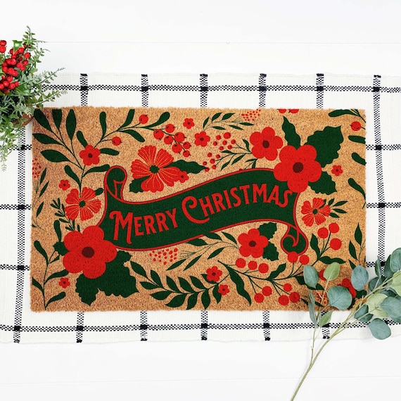 Merry Christmas Doormat, Floral Holiday Welcome Mat, Red Green Christmas Front Porch Decor, Festive Entryway Gift