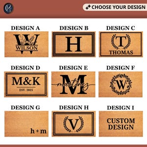 May include: A selection of personalized doormats with various designs. Options include a monogrammed "W" with a floral accent, a large "H", a "T" with a laurel wreath, and a custom design option. The doormats are rectangular and made of a natural fiber.