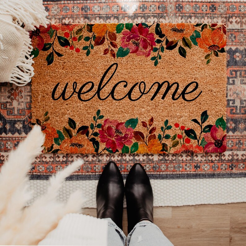 Floral coir doormat spring welcome mat for front door cheerful flower design cute porch decor thoughtful housewarming gift entryway decor