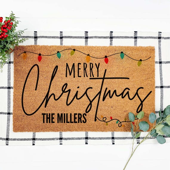 Personalized Merry Christmas Doormat, Custom Family Welcome Mat, Holiday Door Decor