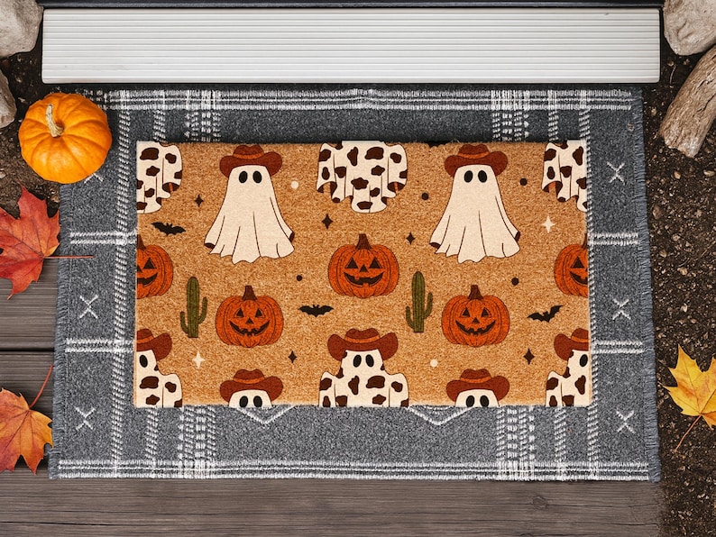 May include: A Halloween-themed doormat with a tan background featuring cartoon ghosts wearing cowboy hats, jack-o'-lanterns, cacti, and bats. The mat is bordered by a gray plaid pattern and sits on a wooden surface.