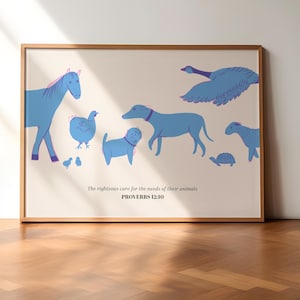 Puede incluir: Una impresión enmarcada con un fondo beige claro que presenta un caballo azul, un perro azul, un ganso azul, una tortuga azul y tres pollitos azules. El texto "The righteous care for the needs of their animals" y "PROVERBS 12:10" está impreso en negro debajo de los animales.