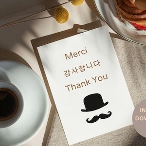 Cartão de agradecimento coreano para amigo, anfitrião ou anfitriã, cartão francês coreano inglês, cartão de agradecimento trilíngue, cartão de agradecimento coreano digital
