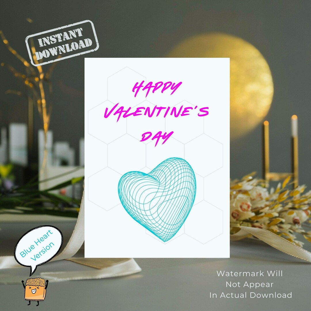 Modern 3D Heart Valentine's Day Card (digital Download, Blue & Pink ...