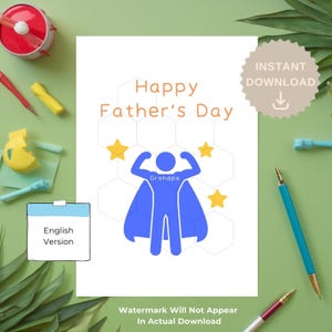Tarjeta del Día del Padre con un Abuelo Superhéroe, Tarjeta del Día del Padre en Coreano e Inglés, Tarjeta del Día del Padre con un Héroe de Cómic, Tarjeta Digital para el Abuelo