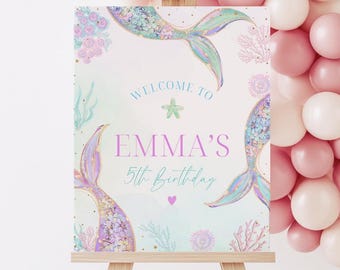 Mermaid Birthday Welcome Sign Editable, Mermaid Welcome Poster Printable Template, Mermaid Party Decor Sign, Instant Download