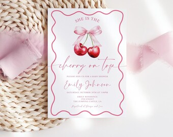 Cherry Baby Shower Invitation, Coquette Cherry on Top Invite Template, Pink Bow Minimal Girl Baby Shower, Modern Baby Shower Invite