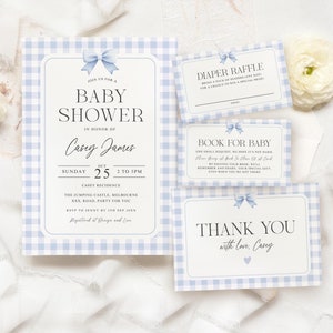Blue Gingham Baby Shower Invitation Set Editable Classic Gingham Boy Baby Shower Invitation Bundle,Gingham Diaper Raffle, Book for Baby