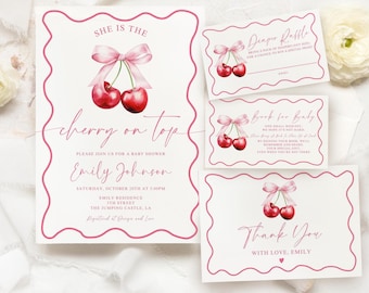 Plantilla editable para invitaciones de baby shower con tema de cerezas, paquete de invitaciones "Coquette Cherry On Top", libro de rifa de pañales con tema de cerezas para bebé, tarjeta de agradecimiento.