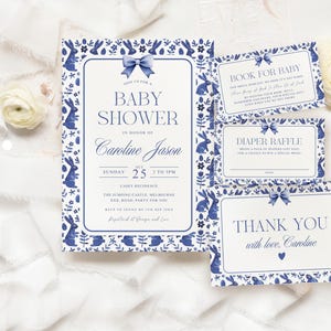 Toile de Jouy vintage bunny baby shower uitnodiging set bewerkbare jongen baby shower uitnodigingsbundel, luier loterij boek voor baby bedankkaart