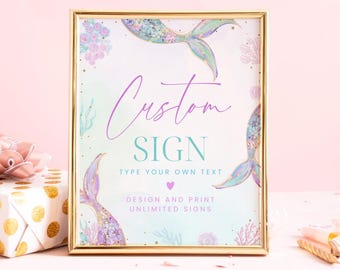 Mermaid Birthday Custom Sign Editable Template, Under the Sea Birthday Party Custom Sign, Custom Text Sign Printable
