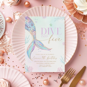 Dive into Five Mermaid Birthday Invitation Editable Template, Mermaid Birthday Invitation, 5th Birthday Bash Invite Instant Download