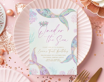 Oneder the Sea First Birthday Invitation Editable Template, Mermaid 1st Birthday Boho Party Invitation Under the sea Invite Instant Download