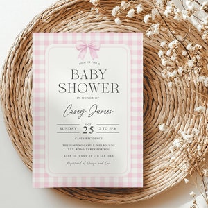 Pink Gingham Baby Shower Invitation Editable, Classic Gingham Boy Baby Shower Invite Template Printable, Pink Shower Invite Instant Download