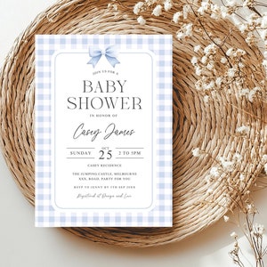 May include: A blue and white gingham baby shower invitation with a blue bow. The invitation reads "Join us for a Baby Shower in honor of Casey James. Sunday, October 25, 2 to 5 pm. Casey Residence. The Jumping Castle, Melbourne, XXX, Road, Party for you. RSVP to Jenny by 5th Sep 20XX.  Regarded it Droge and Love."