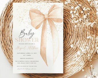 Beige Bow Baby Shower Invitation Template Editable, Baby Gender Neutral Coquette Baby Shower Invite, Baby Shower Invitation Minimalist
