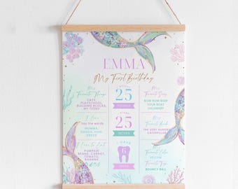 May include: A personalized mermaid-themed birthday poster with the name "EMMA" at the top. The poster includes details like weight (25 pounds), height (25 inches), favorite things, song, book, color, and toy. The poster is framed with a wooden hanger.