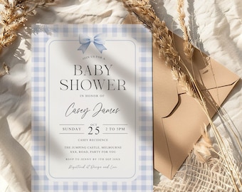 Blue Gingham Baby Shower Invitation Editable, Classic Gingham Boy Baby Shower Invite Template Printable Blue Shower Invite Instant Download