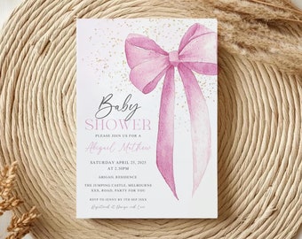 Pink Bow Baby Shower Invitation Template Editable, Baby Girl Pink Coquette Baby Shower Invite, Baby Shower Invitation Minimalist Printable