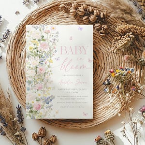 Baby In Bloom Baby Shower Invitation Editable Template, Wildflower Baby Shower Invite, Spring Flowers Garden Baby Shower Invite Digital
