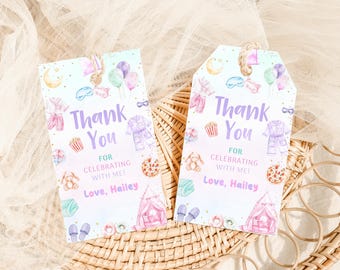 May include: Two gift tags with watercolor illustrations and the text "Thank You for Celebrating with Me! Love, Hailey." The tags feature pajamas, balloons, pizza, and other party-themed graphics, with a light blue and pink colour scheme.