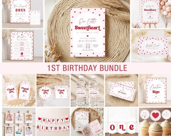 May include: A printable 1st birthday party bundle with a pink and red color scheme. The bundle includes a variety of items, such as invitations, thank you cards, water bottle labels, a banner, cupcake toppers, and more. The design features a red heart pattern and the text "Our Little Sweetheart is Turning One".