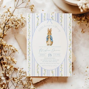 Peter Rabbit Baby Shower Invitation Editable Template, Blue Bunny Floral Baby Shower Invite, Rustic Vintage Bunny Baby Shower Invite Digital