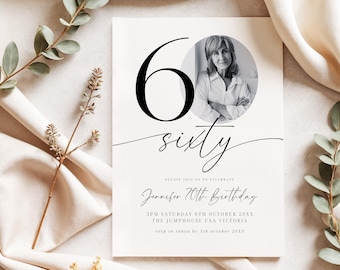 60th Birthday Invitation Editable Template, 60th Birthday Invite with photo, Sixty Year Old Birthday Minimalist Printable Invite