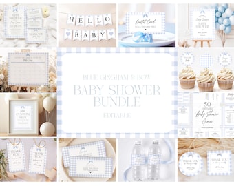 Blue Gingham Baby Shower Template Bundle, Editable Classic Gingham Boy Baby Shower Invitation Bundle, Blue Gingham Baby Shower Decor