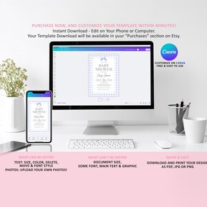 May include: Editable baby shower invitation template with a blue and white gingham pattern, a blue bow, and the text "Baby Shower" in a purple font. The template is customizable on Canva and can be downloaded as a PDF, JPG, or PNG.