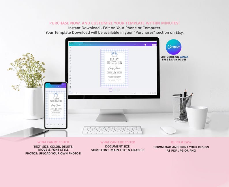 May include: Editable baby shower invitation template with a blue and white gingham pattern, a blue bow, and the text "Baby Shower" in a purple font. The template is customizable on Canva and can be downloaded as a PDF, JPG, or PNG.