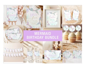 May include: A mermaid-themed birthday party bundle with various decorations. Includes signs, banners, water bottle labels, cupcake toppers, and thank you tags. The color scheme is pastel with mermaid tail graphics and the text "Mermaid Birthday Bundle".