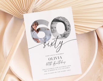 60th Birthday Invitation Editable Template, 60th Birthday Invite with photo, Sixty Year Old Birthday Minimalist Printable Invite