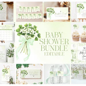 Puede incluir: Un conjunto de artículos de papelería y decoración para baby shower en tonos verdes y blancos. El paquete incluye invitaciones, letreros, adornos para cupcakes, etiquetas para botellas de agua y juegos. El tema presenta ramos florales y el texto "Baby Shower Bundle Editable".