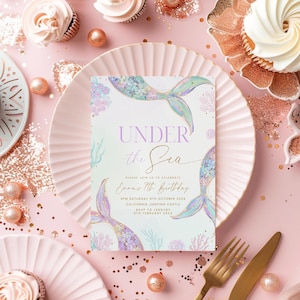 Under the Sea Mermaid Birthday Invitation Editable Invitation, Mermaid Birthday Party Invite, Pink Purple Mermaid Invite Instant Download