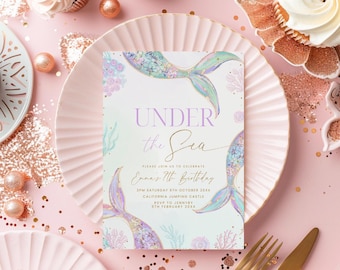Under the Sea Mermaid Birthday Invitation Editable Invitation, Mermaid Birthday Party Invite, Pink Purple Mermaid Invite Instant Download