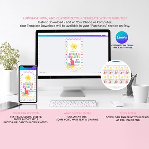 Puede incluir: Una computadora y un tel&eacute;fono muestran una plantilla colorida con tem&aacute;tica de verano con el texto "Your Summer is Buckets of Fun!". La imagen tambi&eacute;n incluye texto sobre la edici&oacute;n y descarga de la plantilla. La configuraci&oacute;n incluye un teclado, un rat&oacute;n y una taza blanca.