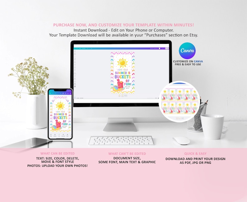 Puede incluir: Una computadora y un tel&eacute;fono muestran una plantilla colorida con tem&aacute;tica de verano con el texto "Your Summer is Buckets of Fun!". La imagen tambi&eacute;n incluye texto sobre la edici&oacute;n y descarga de la plantilla. La configuraci&oacute;n incluye un teclado, un rat&oacute;n y una taza blanca.