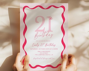 21st Birthday Invitation Editable Template, Pink Birthday Party Invitation, Modern Birthday Invite, Minimalist Birthday Retro Invite Digital